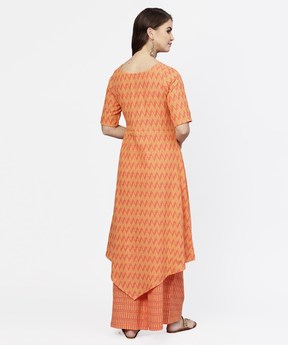 Women's Yellow & Peach Printed Half Sleeve Cotton Assymetric Kurta With Ankle Length Palazzo - Nayo Clothing
