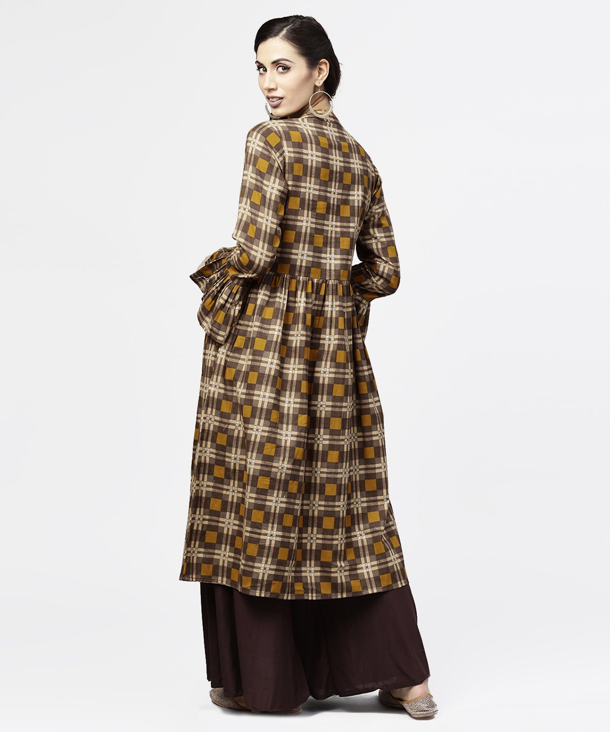 Women's Coffee Brown & Yellow Full Sleeve Cotton Anarkali Kurta - Nayo Clothing