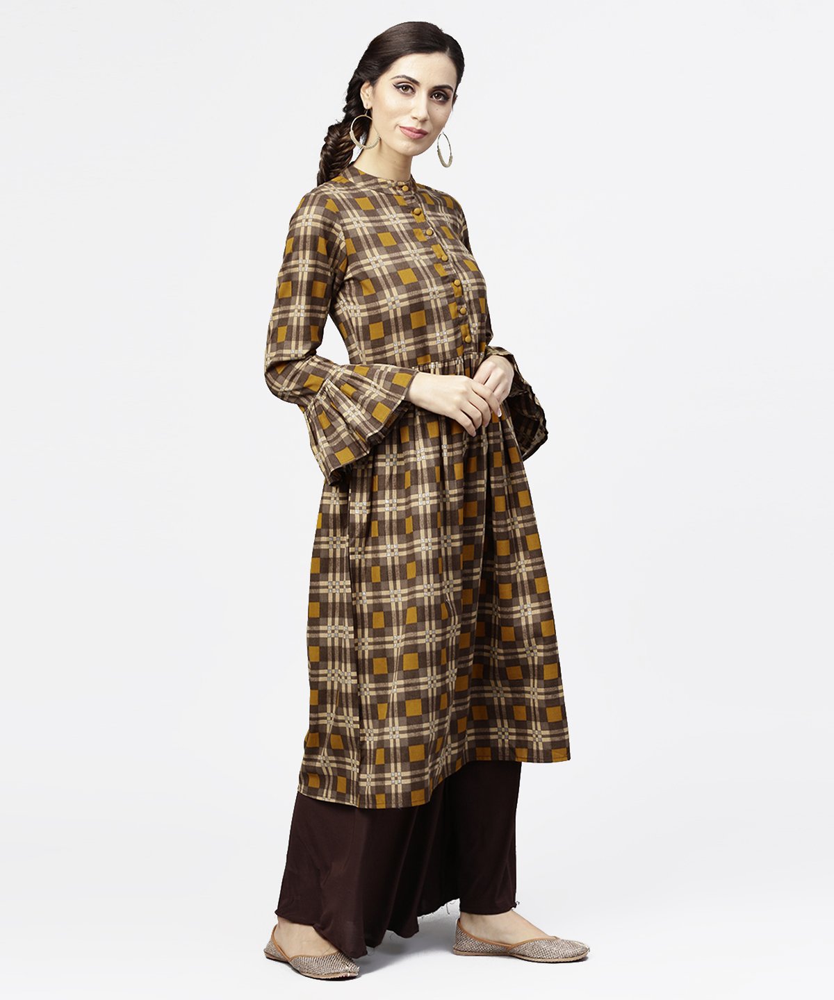 Women's Coffee Brown & Yellow Full Sleeve Cotton Anarkali Kurta - Nayo Clothing