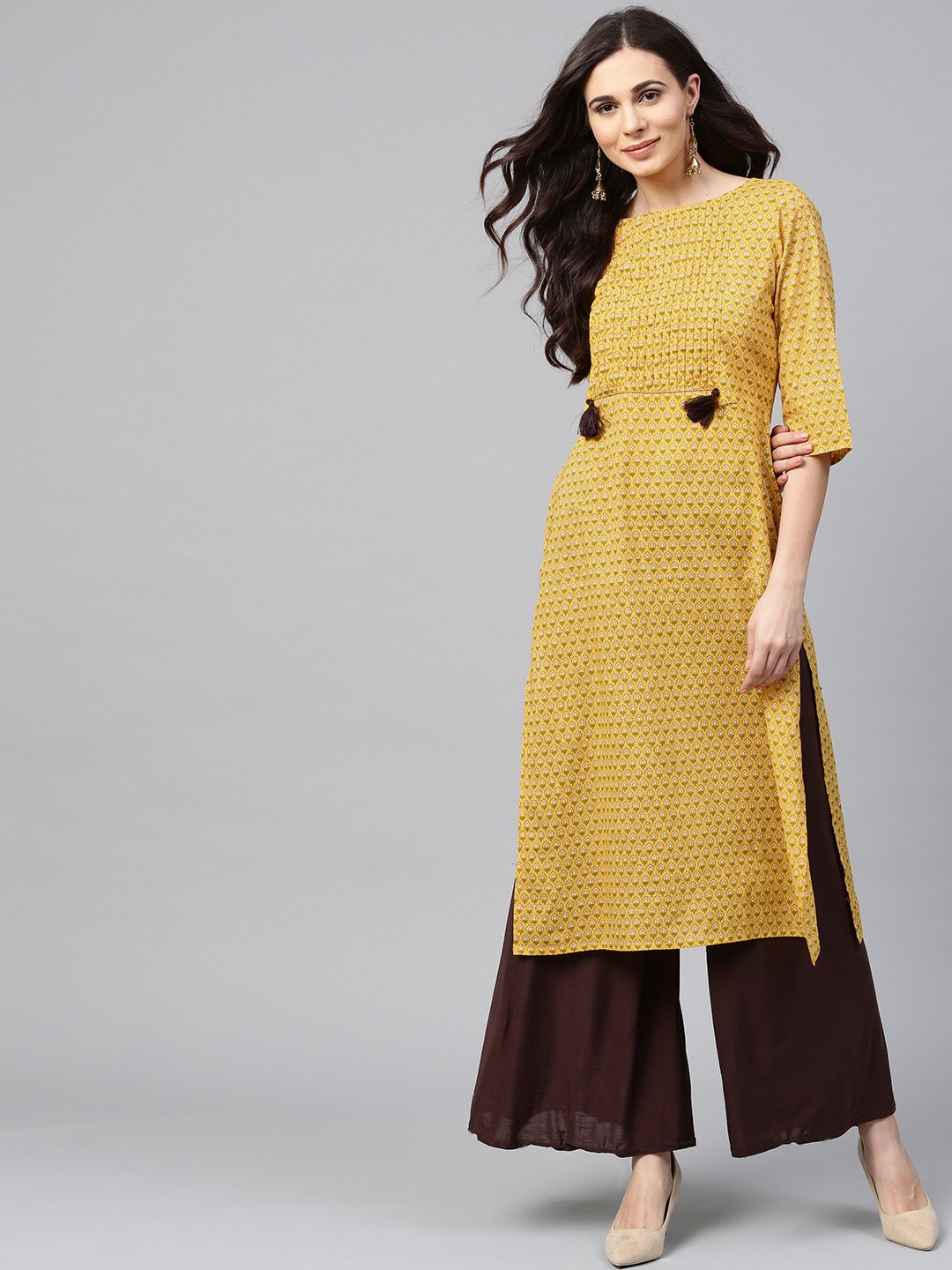 Women's Yellow Printed Half Sleeve Cotton Straight Kurta - Nayo Clothing