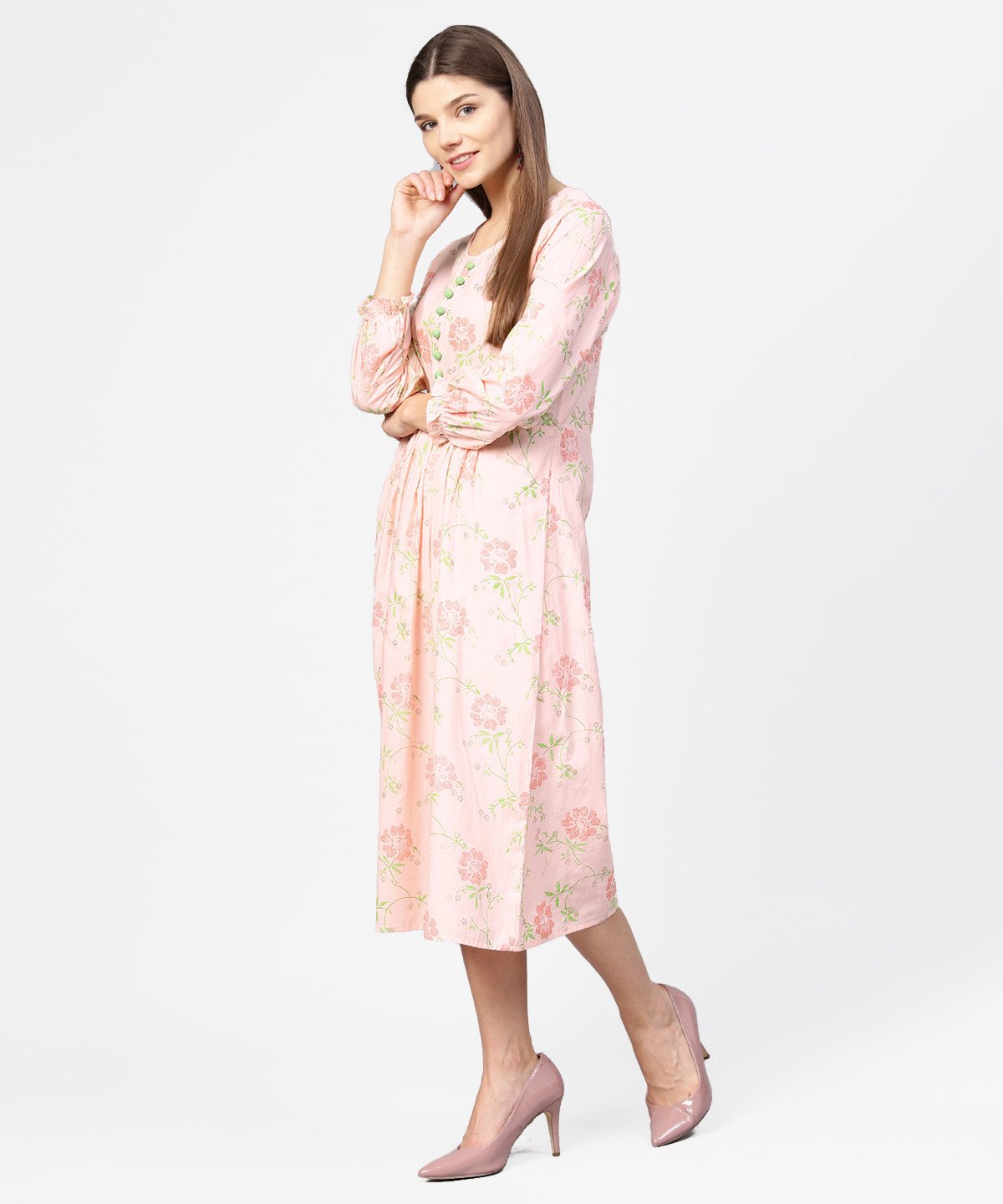 Women's Peach Printed 3/4Th Sleeve Cotton A-Line Dress - Nayo Clothing
