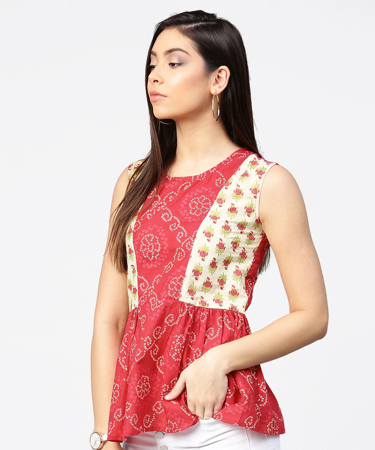 Women's Red Printed Sleeveless Cotton Pleated Top - Nayo Clothing