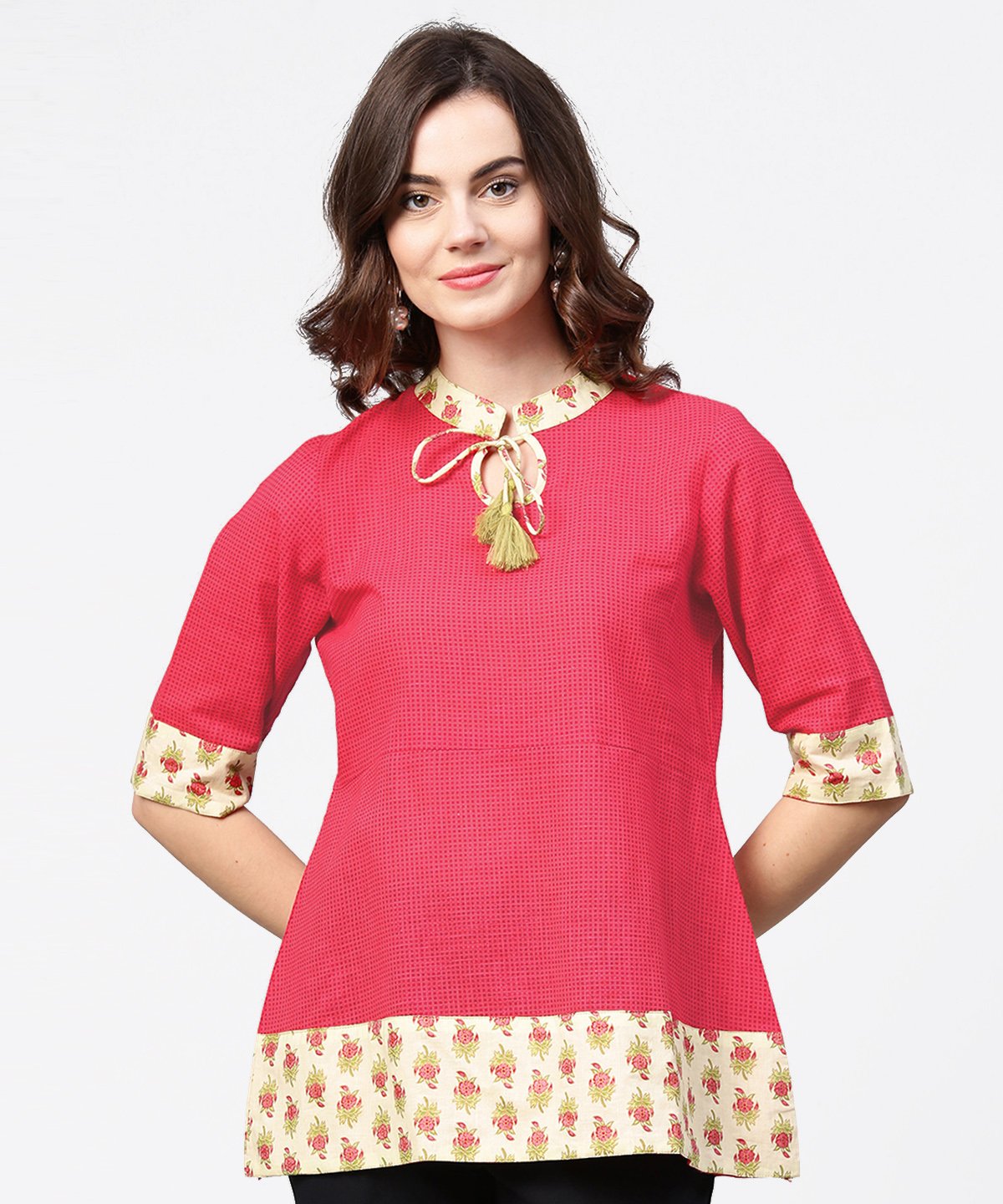 Women's Pink Half Sleeve Key Hole Neck Cotton Tops With Printed Border - Nayo Clothing