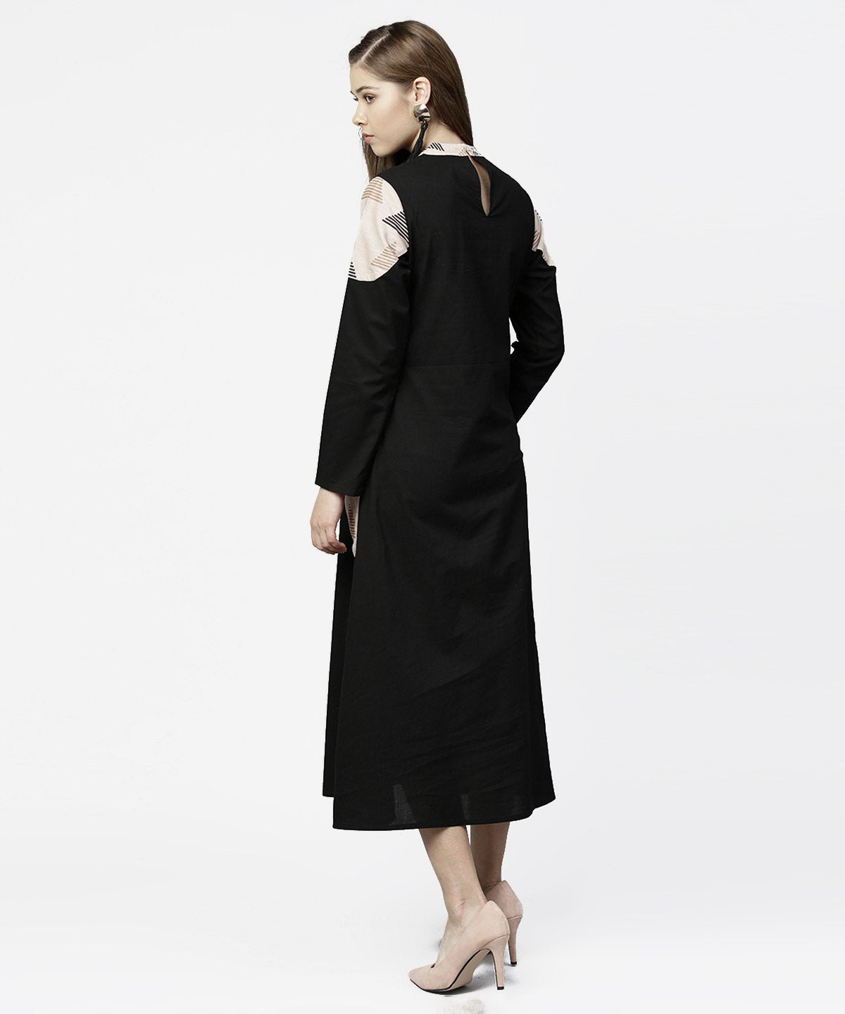 Women's Black 3/4Th Sleeve Cotton Maxi Dress With Double Pocket - Nayo Clothing