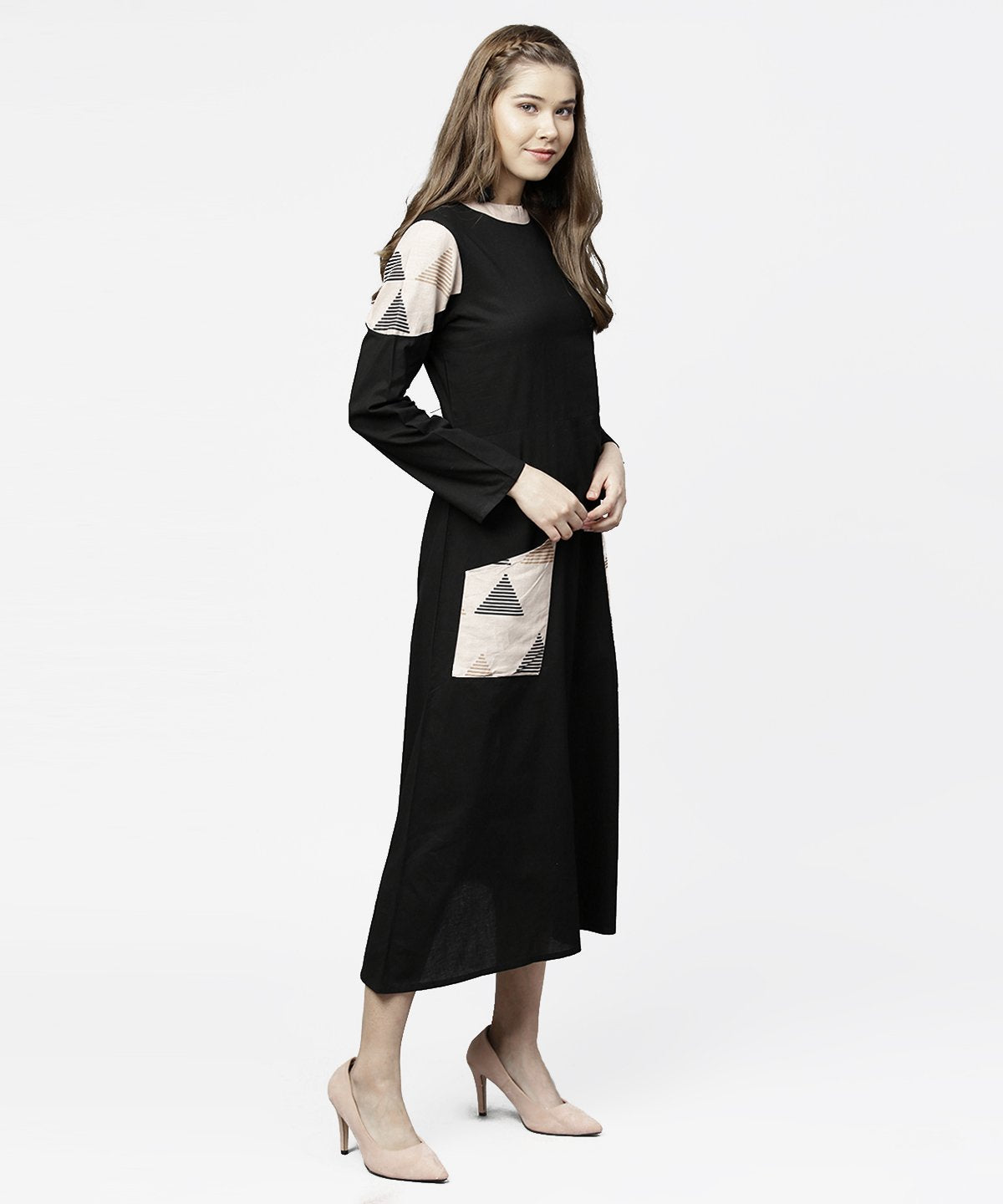 Women's Black 3/4Th Sleeve Cotton Maxi Dress With Double Pocket - Nayo Clothing