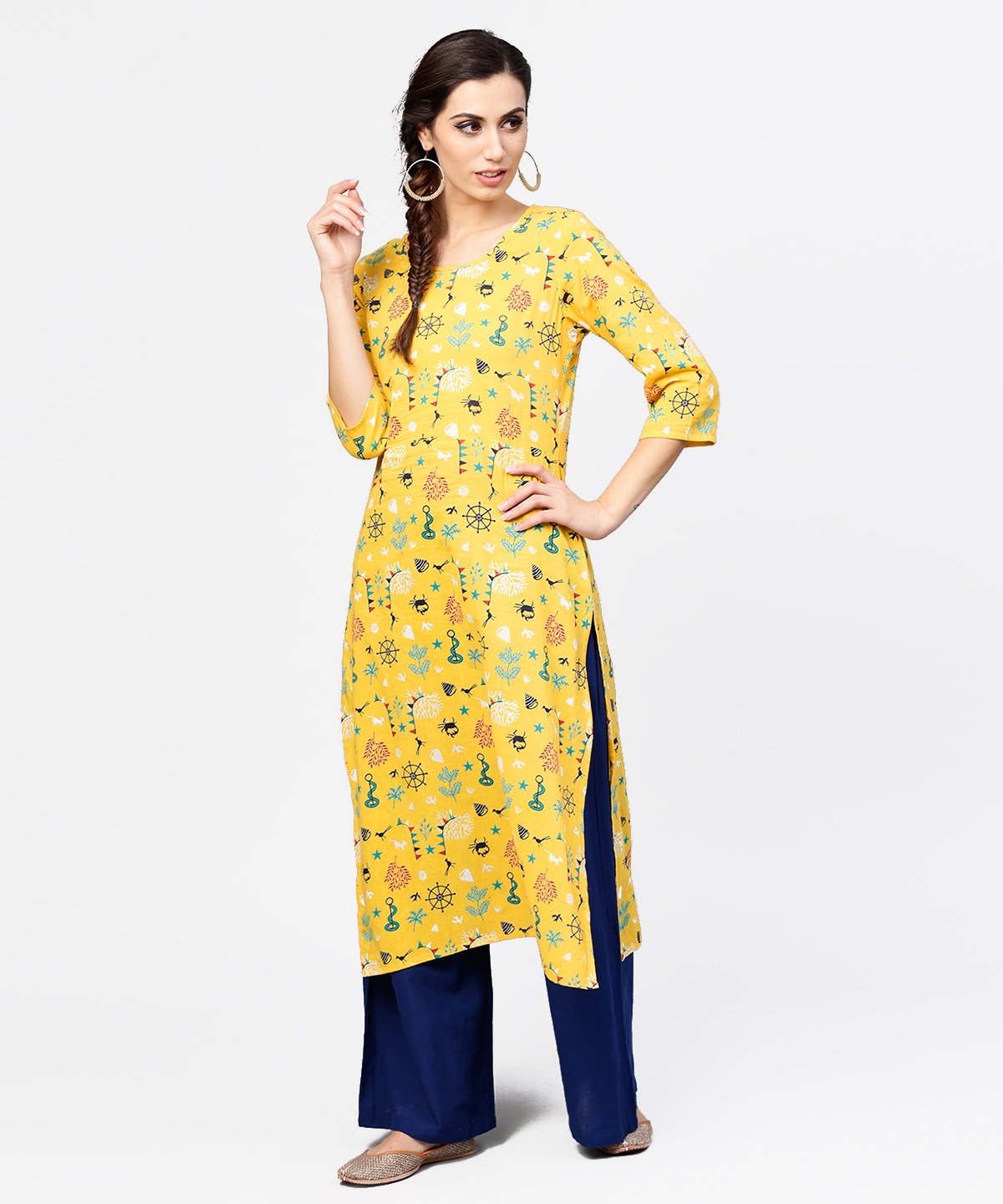 Women's Yellow 3/4Th Sleeve Cotton Straight Kurta - Nayo Clothing