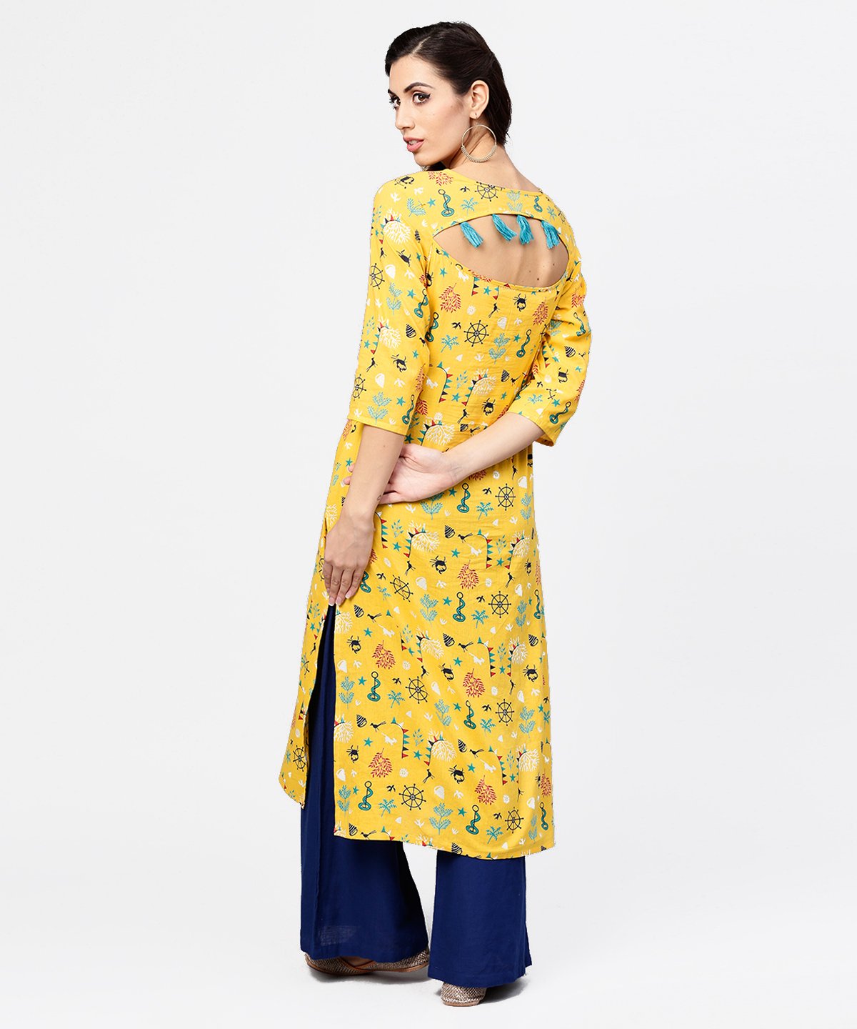 Women's Yellow 3/4Th Sleeve Cotton Straight Kurta - Nayo Clothing
