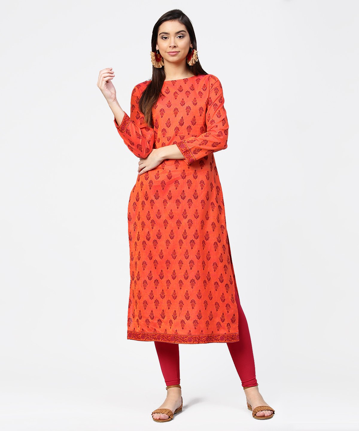 Women's Red Printed Full Sleeve Straight Cotton Kurta - Nayo Clothing