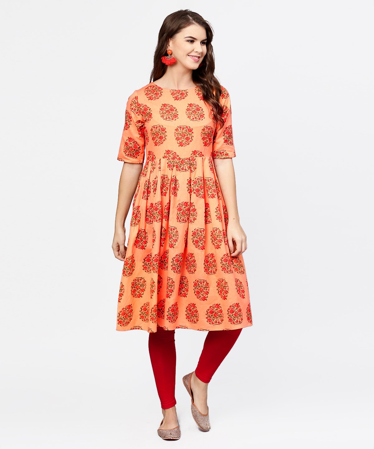 Women's Peach Half Sleeve Cotton Anarkali Kurta - Nayo Clothing