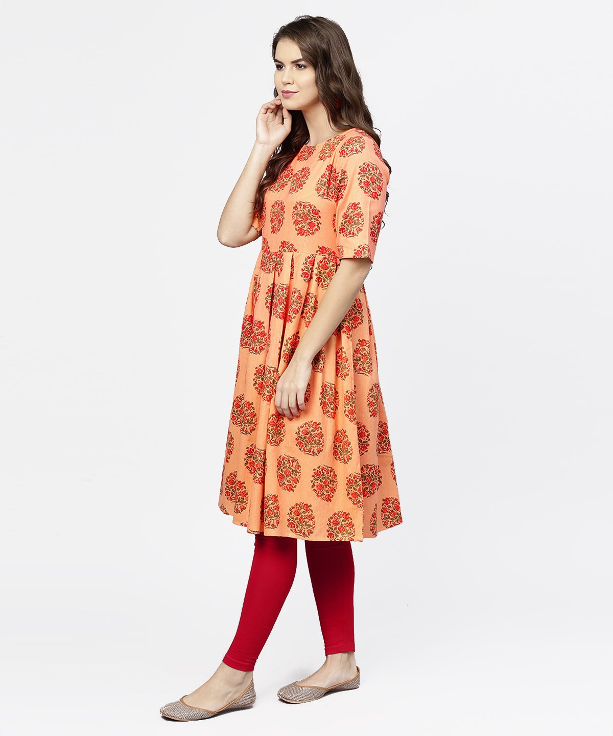 Women's Peach Half Sleeve Cotton Anarkali Kurta - Nayo Clothing