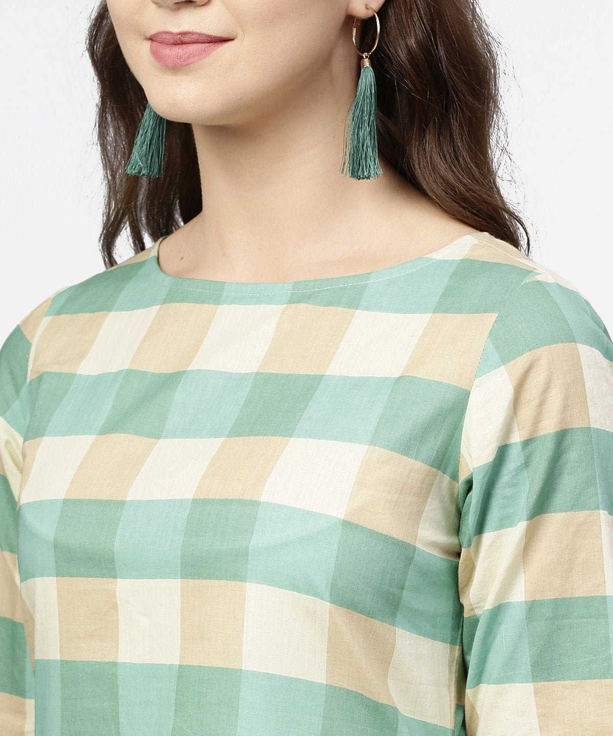 Women's Green Checked Half Sleeve Cotton Kurta - Nayo Clothing