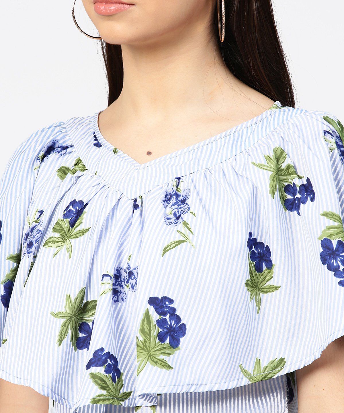 Women's Blue Striped Cowl Design V-Neck Crop Tops - Nayo Clothing