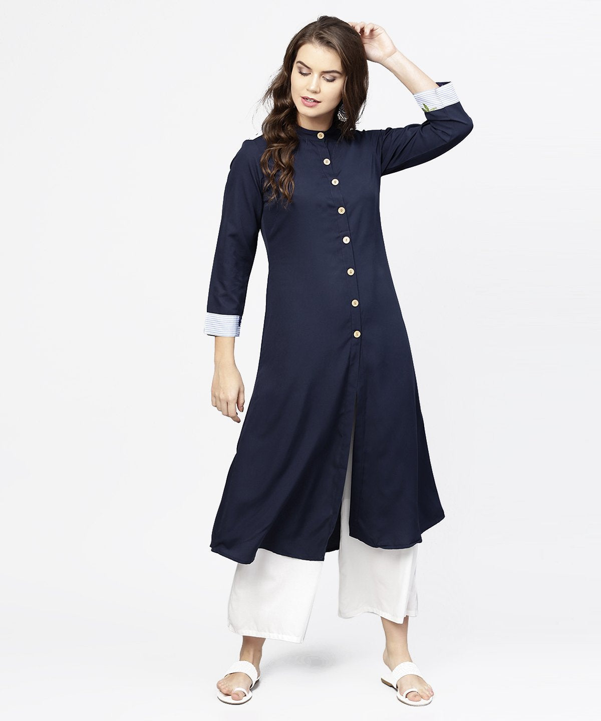 Women's Navy Blue 3/4Th Sleeve Crepe A-Line Kurta With Button At Front - Nayo Clothing