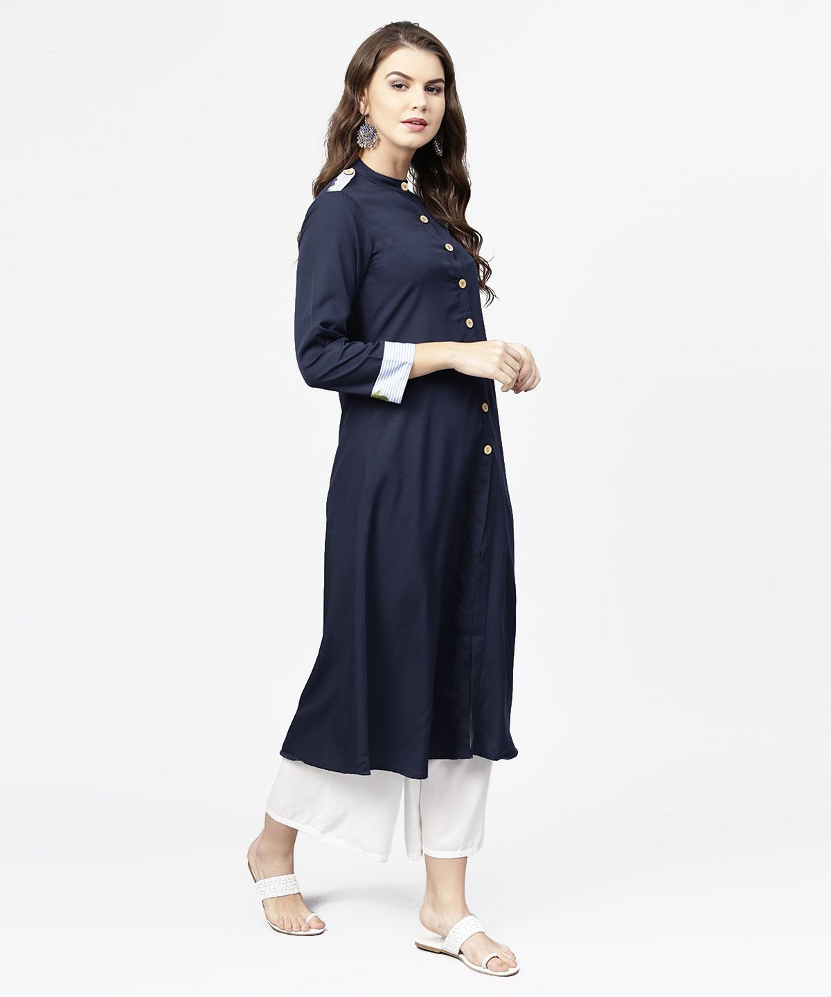 Women's Navy Blue 3/4Th Sleeve Crepe A-Line Kurta With Button At Front - Nayo Clothing
