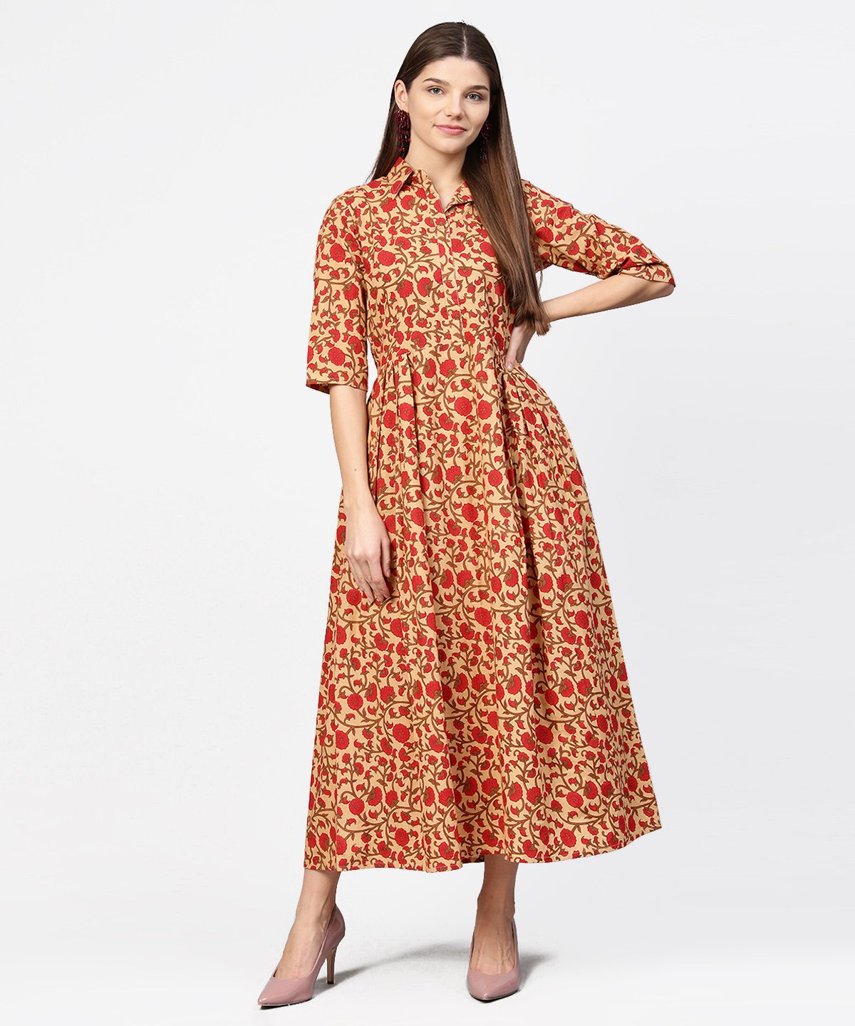 Women's Yellow & Red Printed Half Sleeve Cotton Maxi Dress - Nayo Clothing