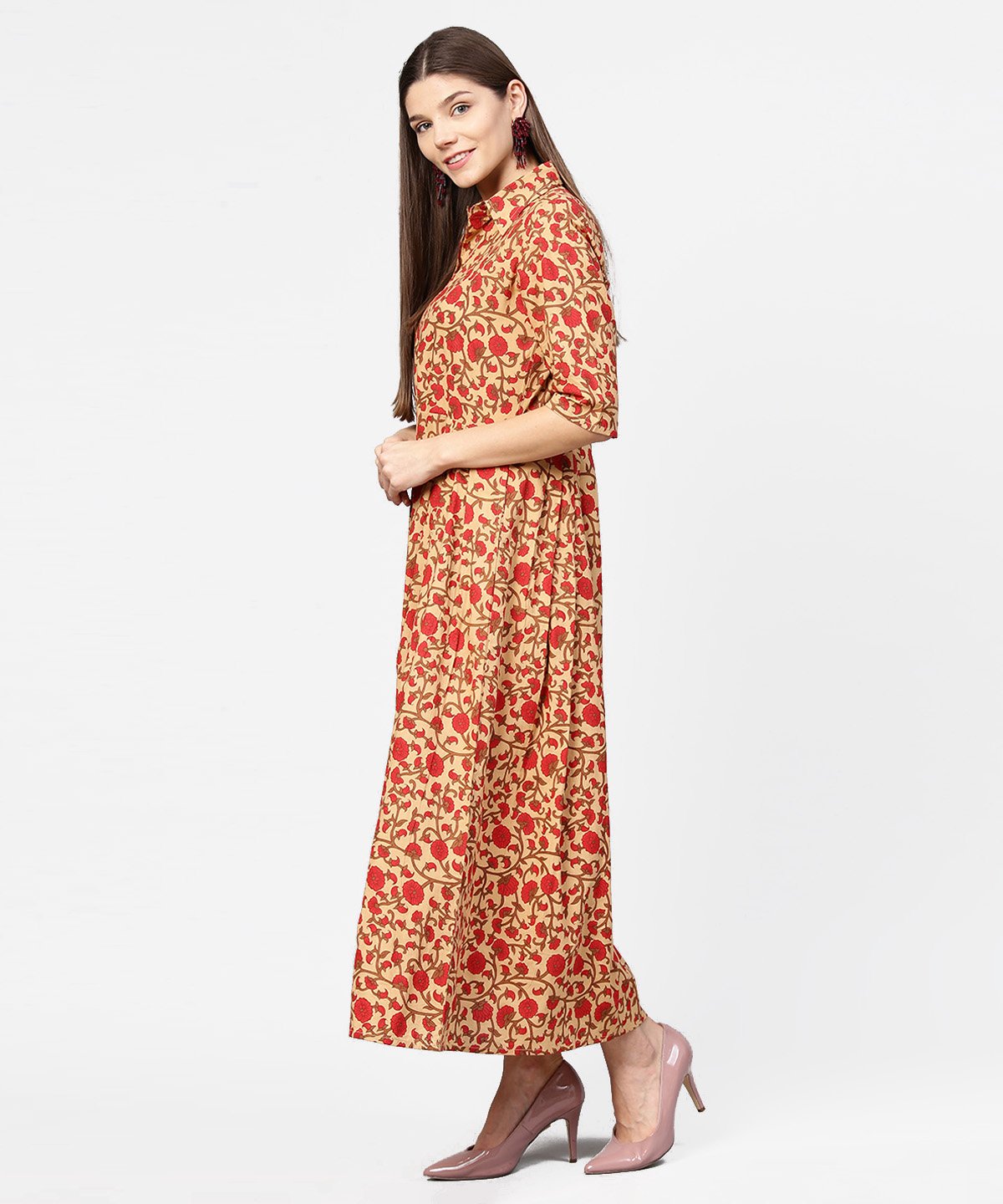 Women's Yellow & Red Printed Half Sleeve Cotton Maxi Dress - Nayo Clothing
