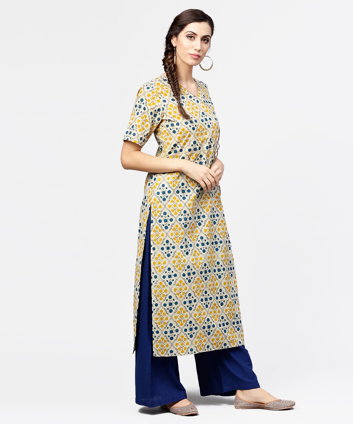 Women's Yellow Printed Half Sleeve Cotton Straight Kurta With Dori Work - Nayo Clothing