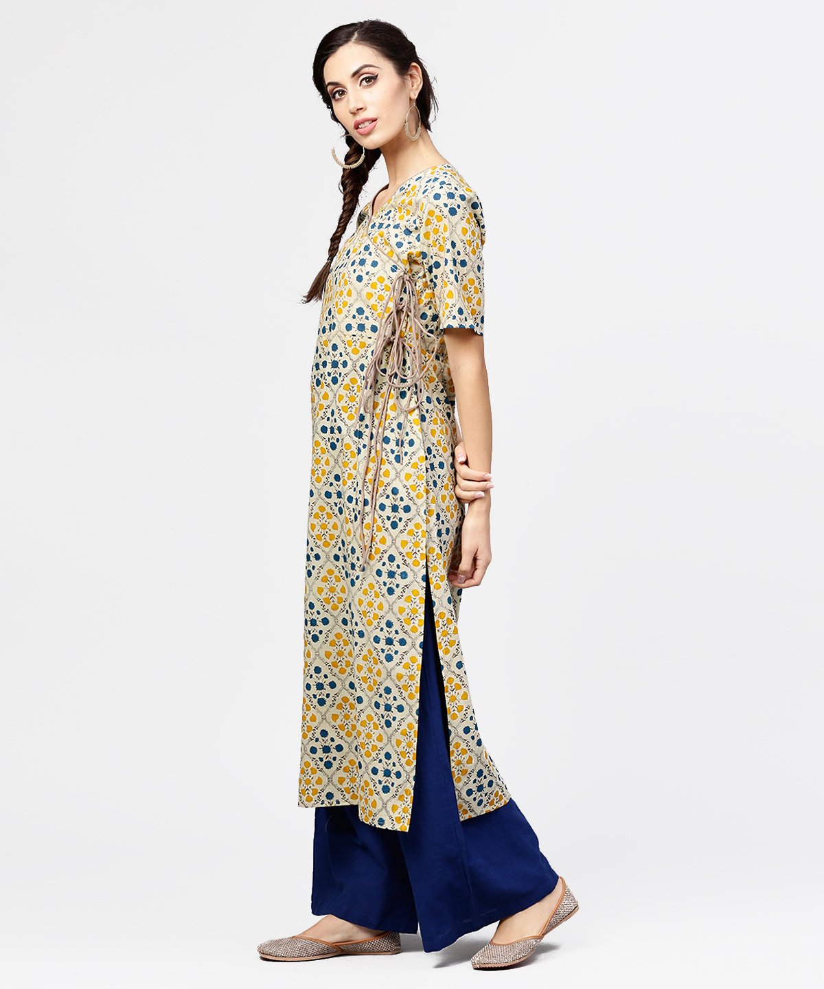 Women's Yellow Printed Half Sleeve Cotton Straight Kurta With Dori Work - Nayo Clothing