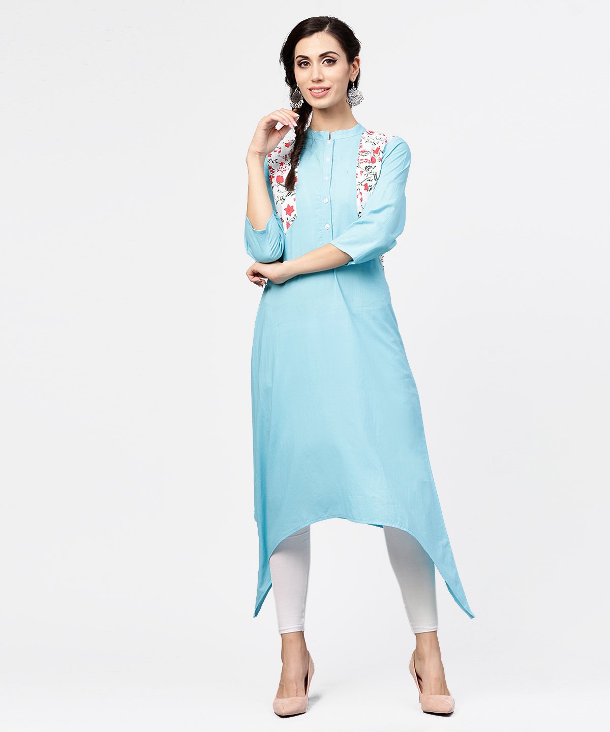 Women's Blue 3/4Th Sleeve Cotton Floor Length Kurta - Nayo Clothing