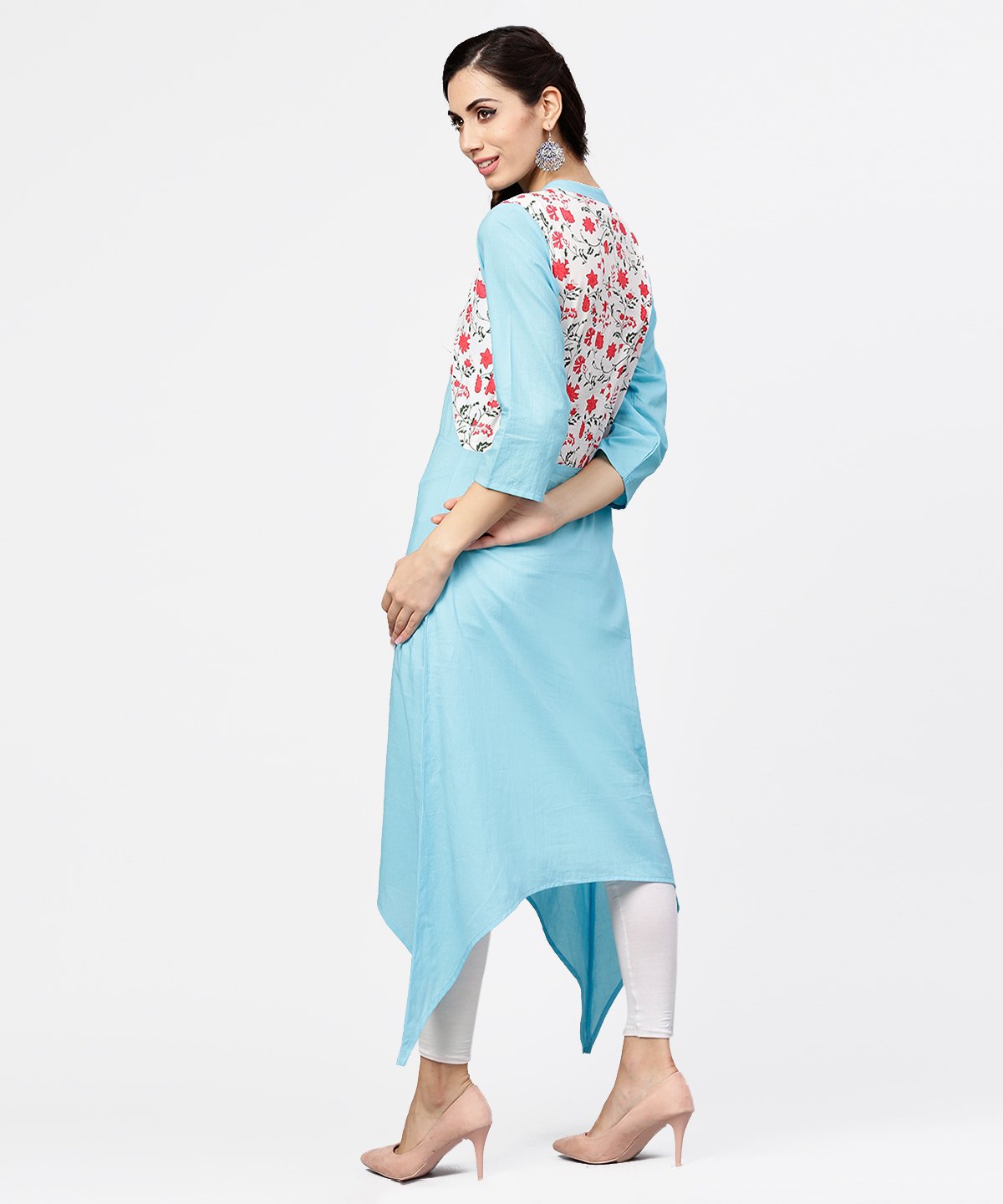Women's Blue 3/4Th Sleeve Cotton Floor Length Kurta - Nayo Clothing