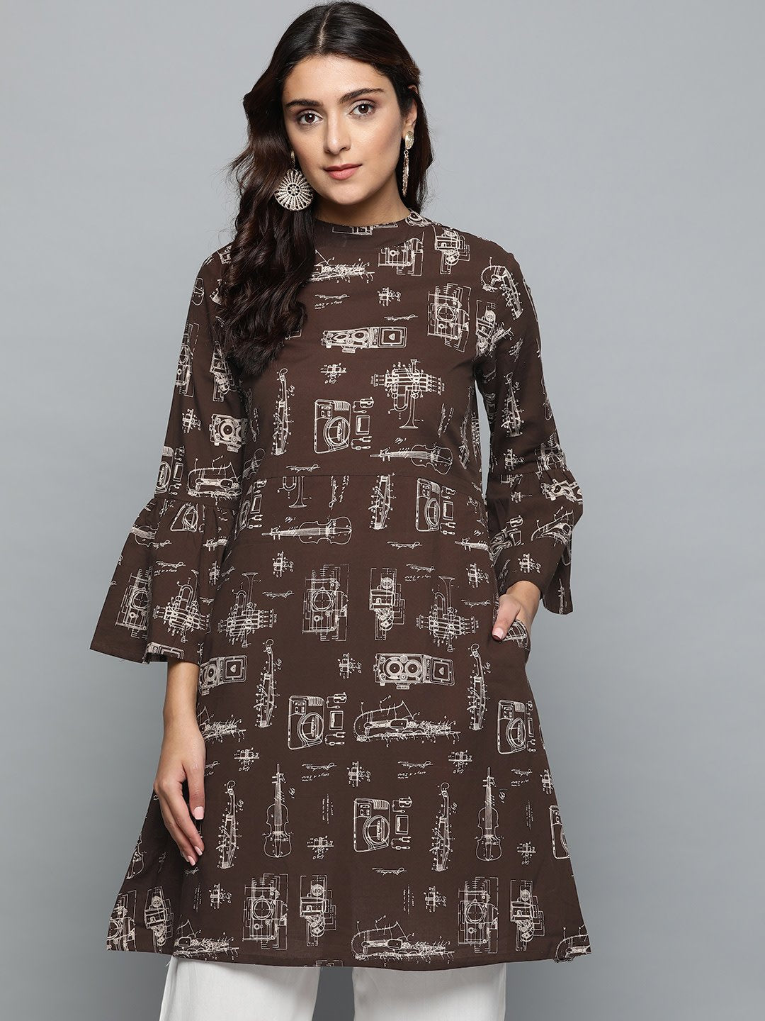 Women's Brown Printed A-Line Dress With Roll Collar & Flared Sleeves - Nayo Clothing