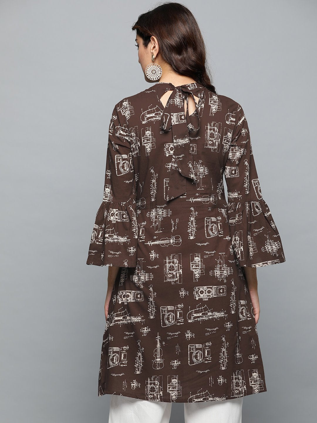 Women's Brown Printed A-Line Dress With Roll Collar & Flared Sleeves - Nayo Clothing