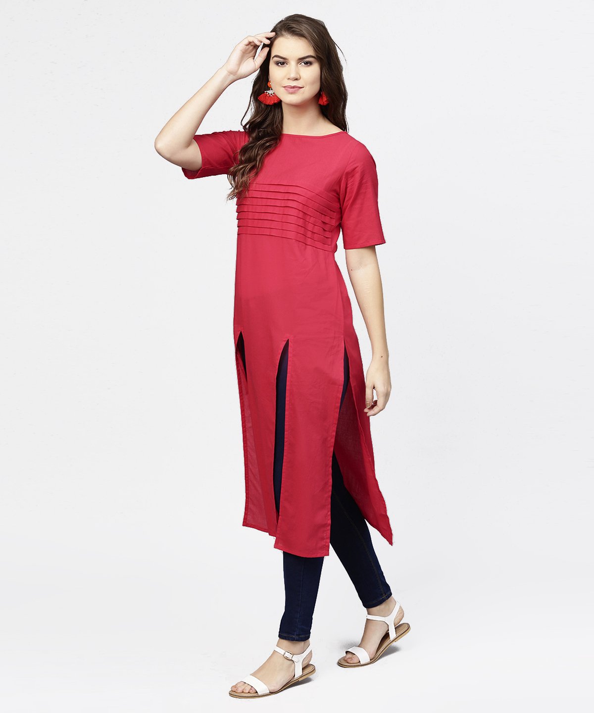 Women's Maroon Half Sleeve Cotton Multi Slit Kurta - Nayo Clothing