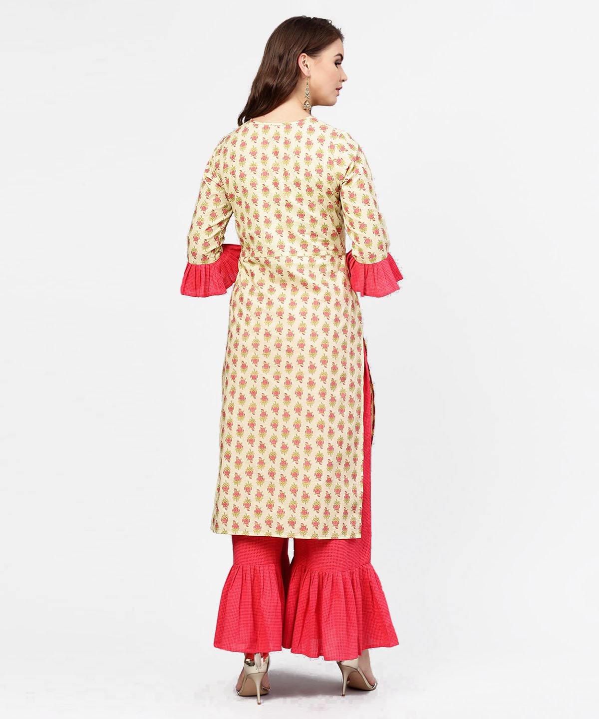 Women's Yellow & Red Printed 3/4Th Sleeve Cotton Kurta With Sharara - Nayo Clothing