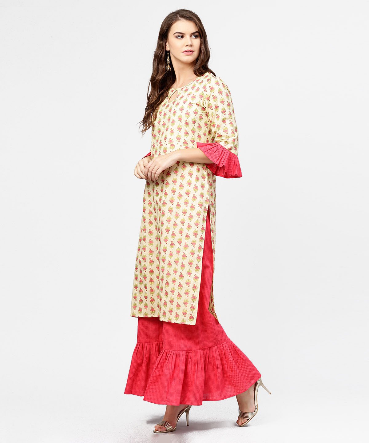 Women's Yellow & Red Printed 3/4Th Sleeve Cotton Kurta With Sharara - Nayo Clothing