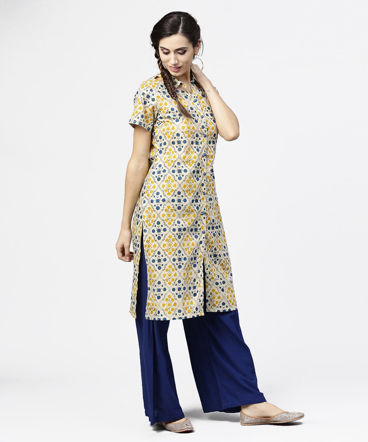 Women's Blue Short Sleeve Cotton Kurta - Nayo Clothing