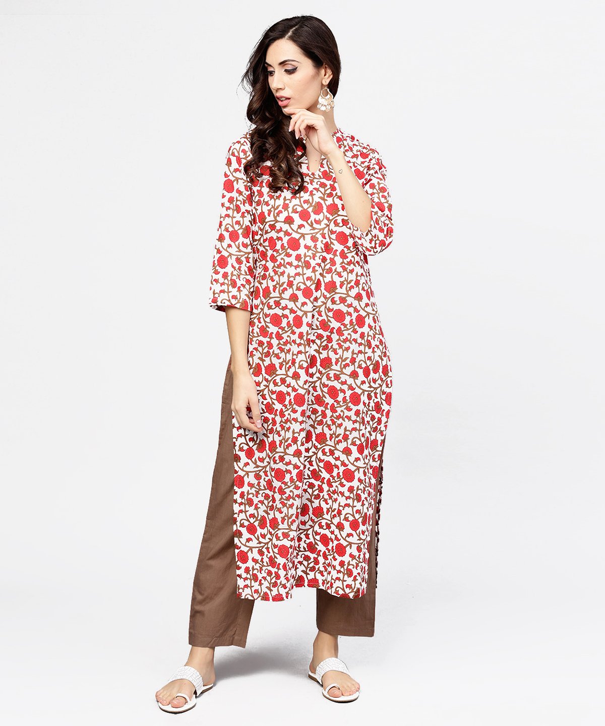 Women's Off White Printed 3/4Th Sleeve Cotton Kurta With Brown Ankle Length Pant - Nayo Clothing