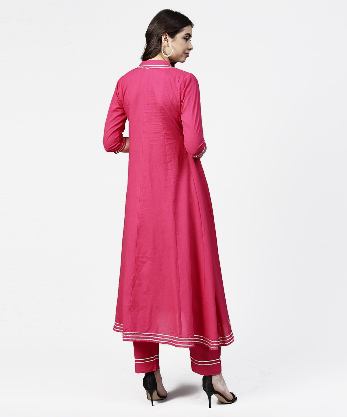 Women's Pink 3/4Th Sleeve Cotton A-Line Kurta With Pink Palazzo - Nayo Clothing