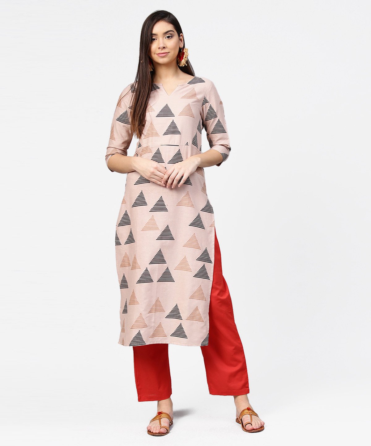 Women's Beige Printed 3/4Th Sleeve Cotton Kurta With Maroon Ankle Length Pallazo - Nayo Clothing