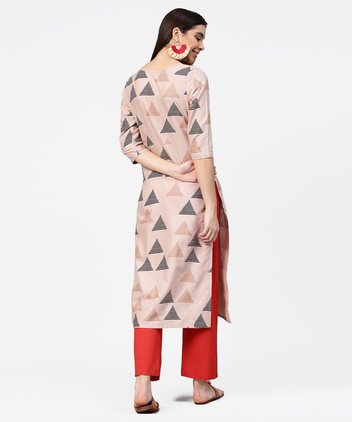 Women's Beige Printed 3/4Th Sleeve Cotton Kurta With Maroon Ankle Length Pallazo - Nayo Clothing