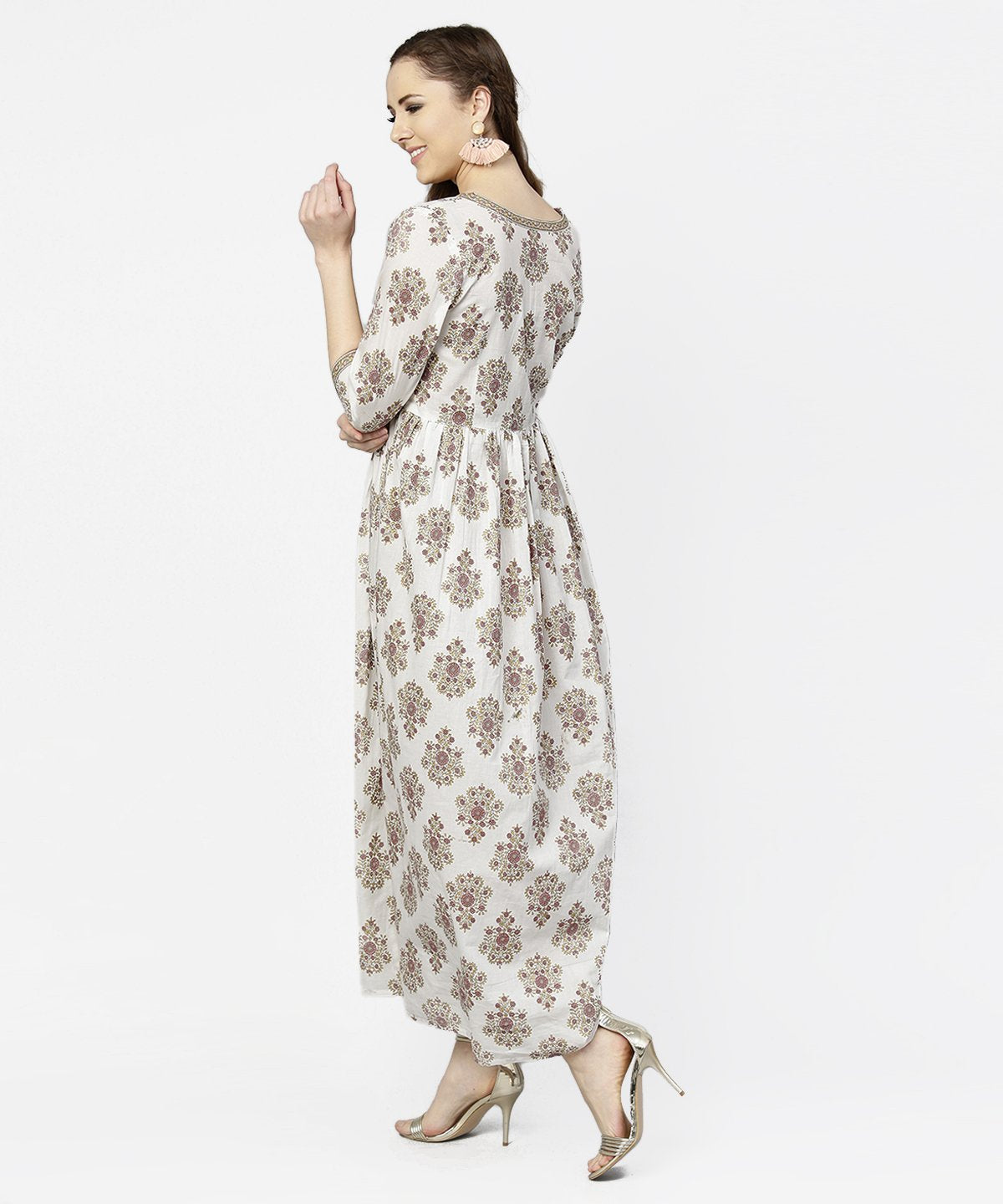 Women's Off White Printed 3/4Th Sleeve Cotton Maxi Dress - Nayo Clothing