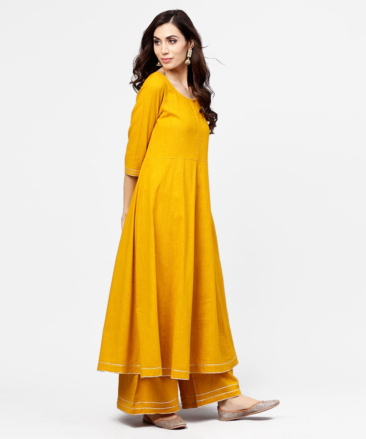 Women's Yellow 3/4Th Sleeve Cotton Anarkali Kurta With Ankle Length Flared Pallazo With Gotta Work - Nayo Clothing