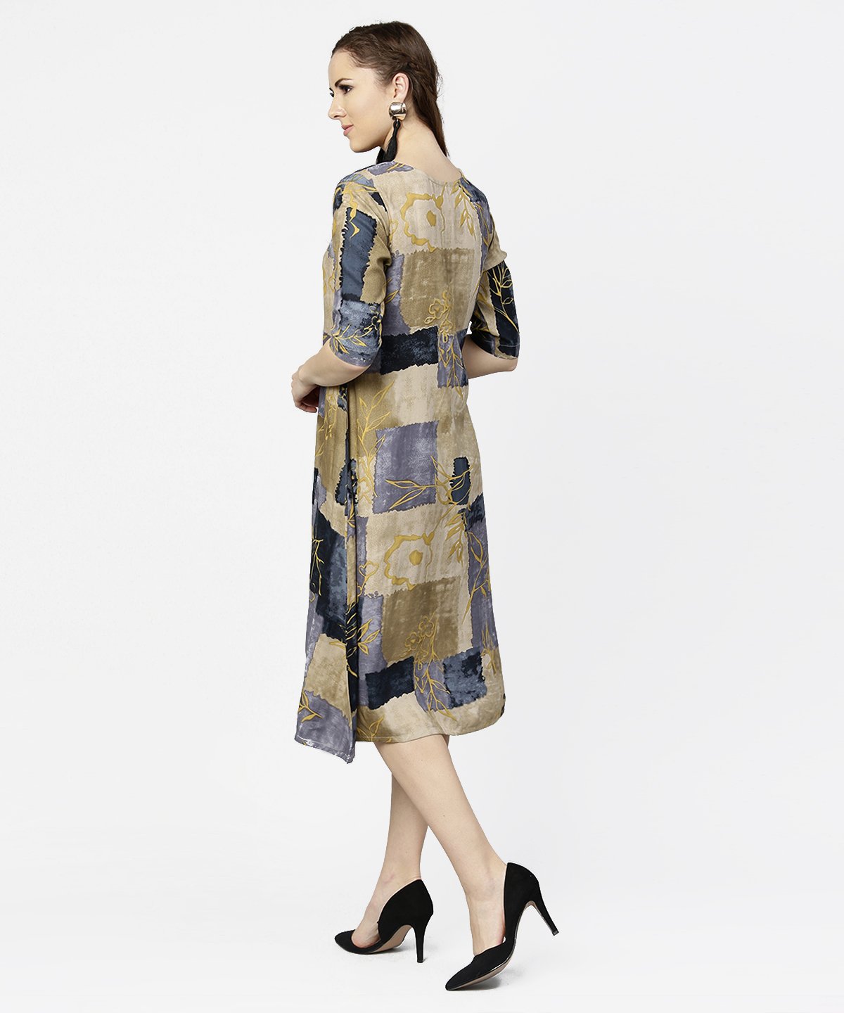 Women's Brown & Blue Printed Half Sleeve Cotton A-Line Dress