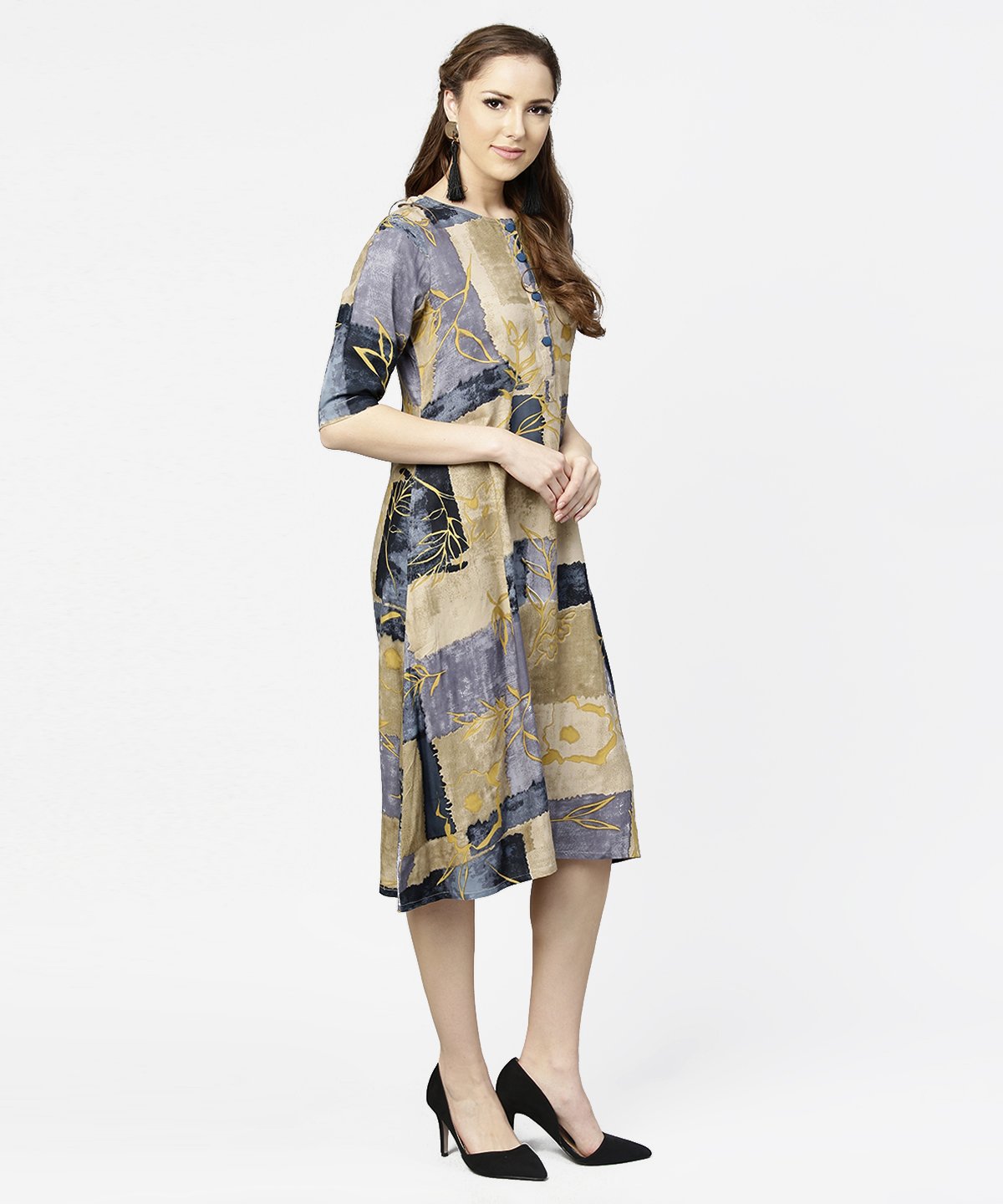 Women's Brown & Blue Printed Half Sleeve Cotton A-Line Dress