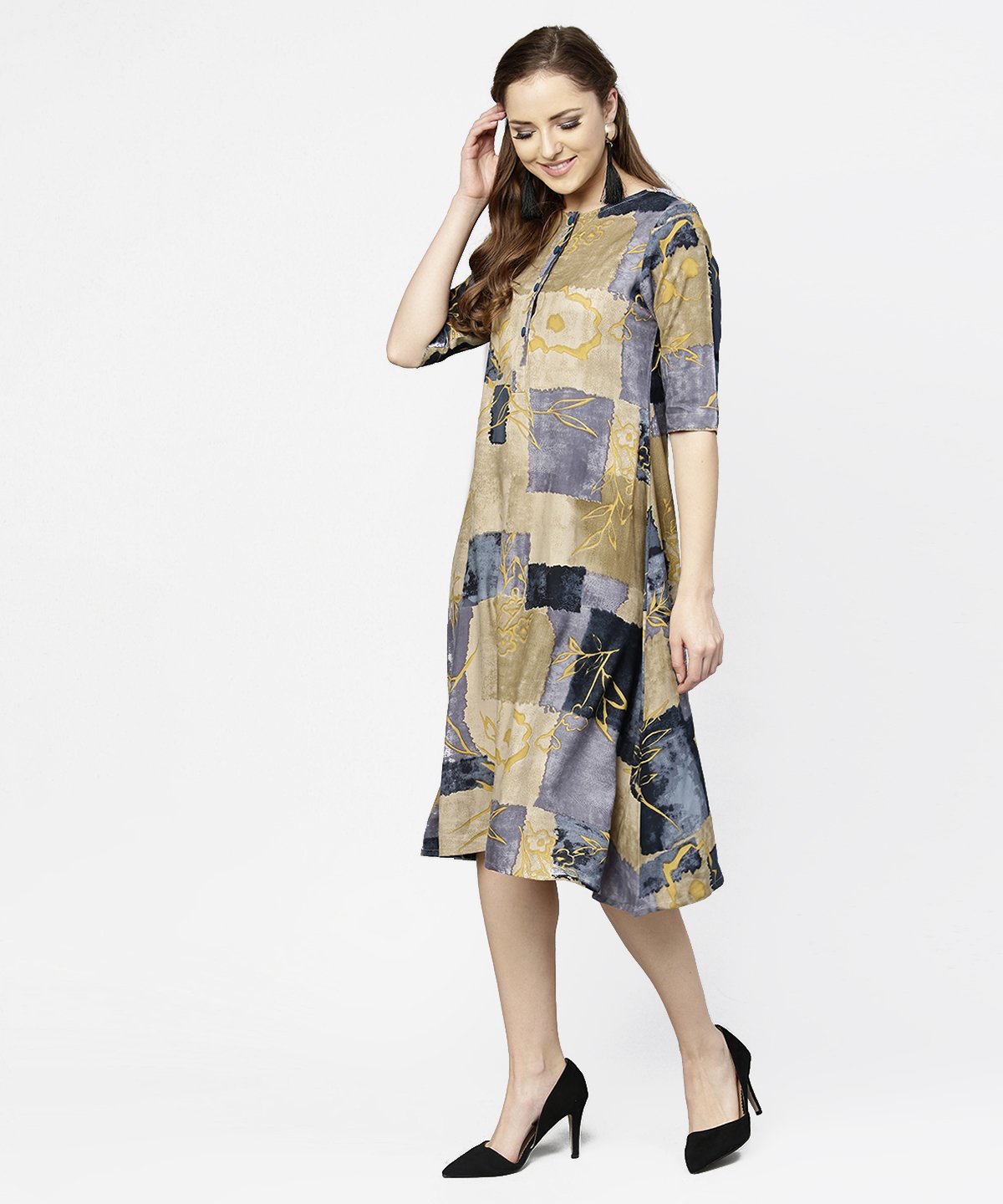 Women's Brown & Blue Printed Half Sleeve Cotton A-Line Dress
