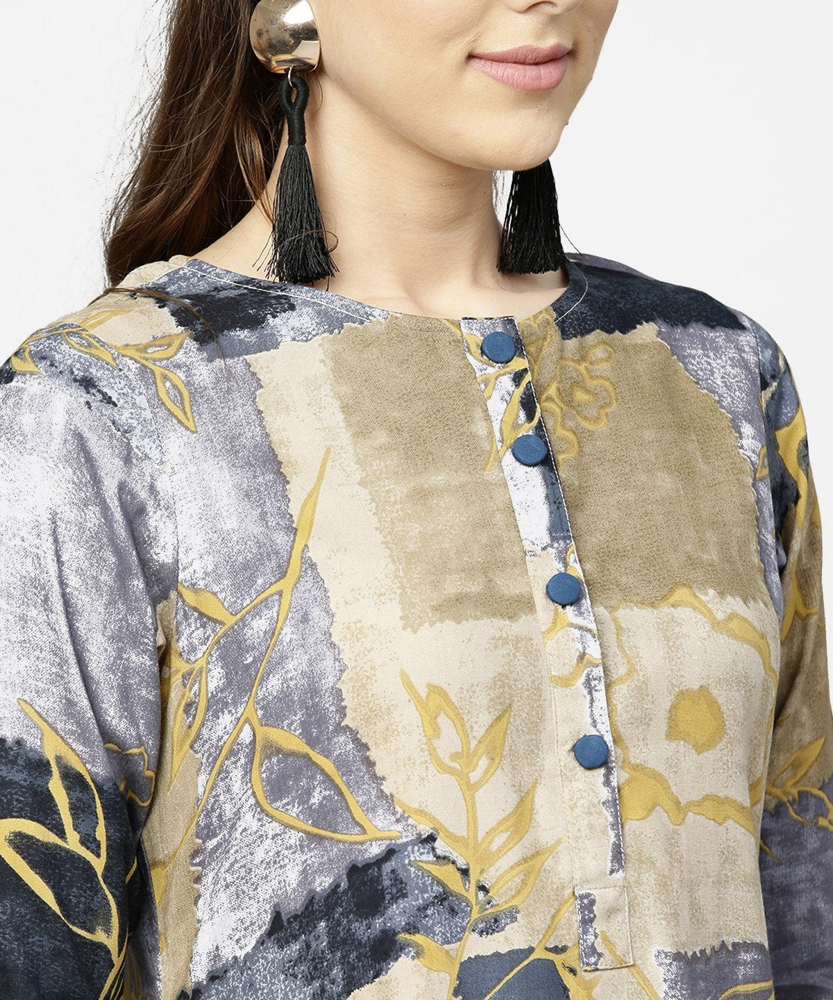 Women's Brown & Blue Printed Half Sleeve Cotton A-Line Dress