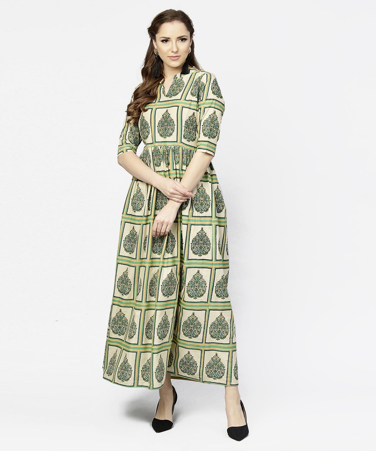 Women's Green Printed Half Sleeve Cotton Maxi Dress - Nayo Clothing