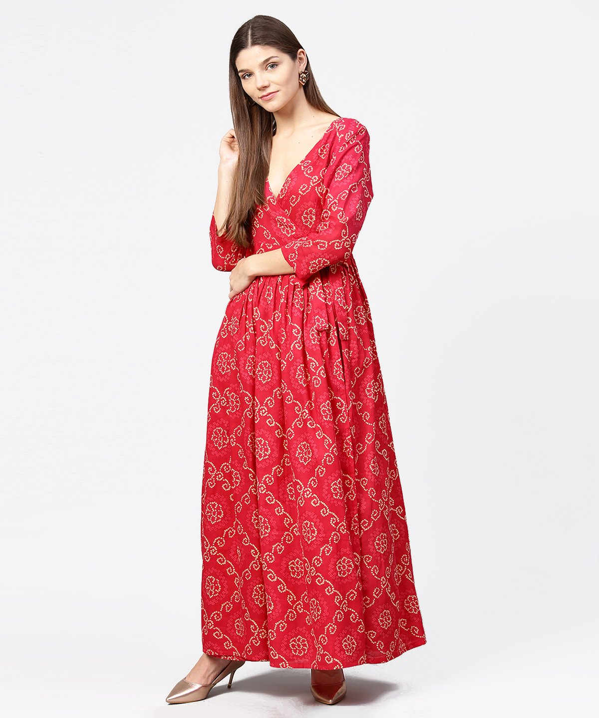 Women's Red Printed 3/4Th Sleeve Cotton Maxi Dress - Nayo Clothing