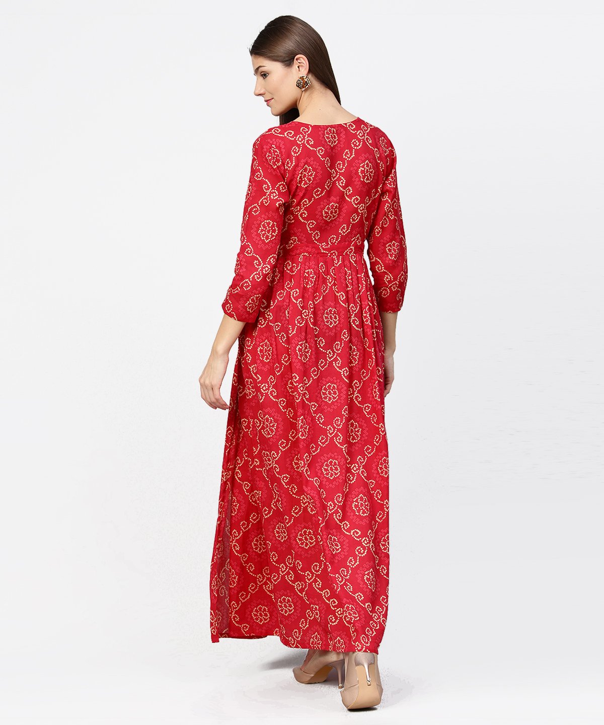 Women's Red Printed 3/4Th Sleeve Cotton Maxi Dress - Nayo Clothing