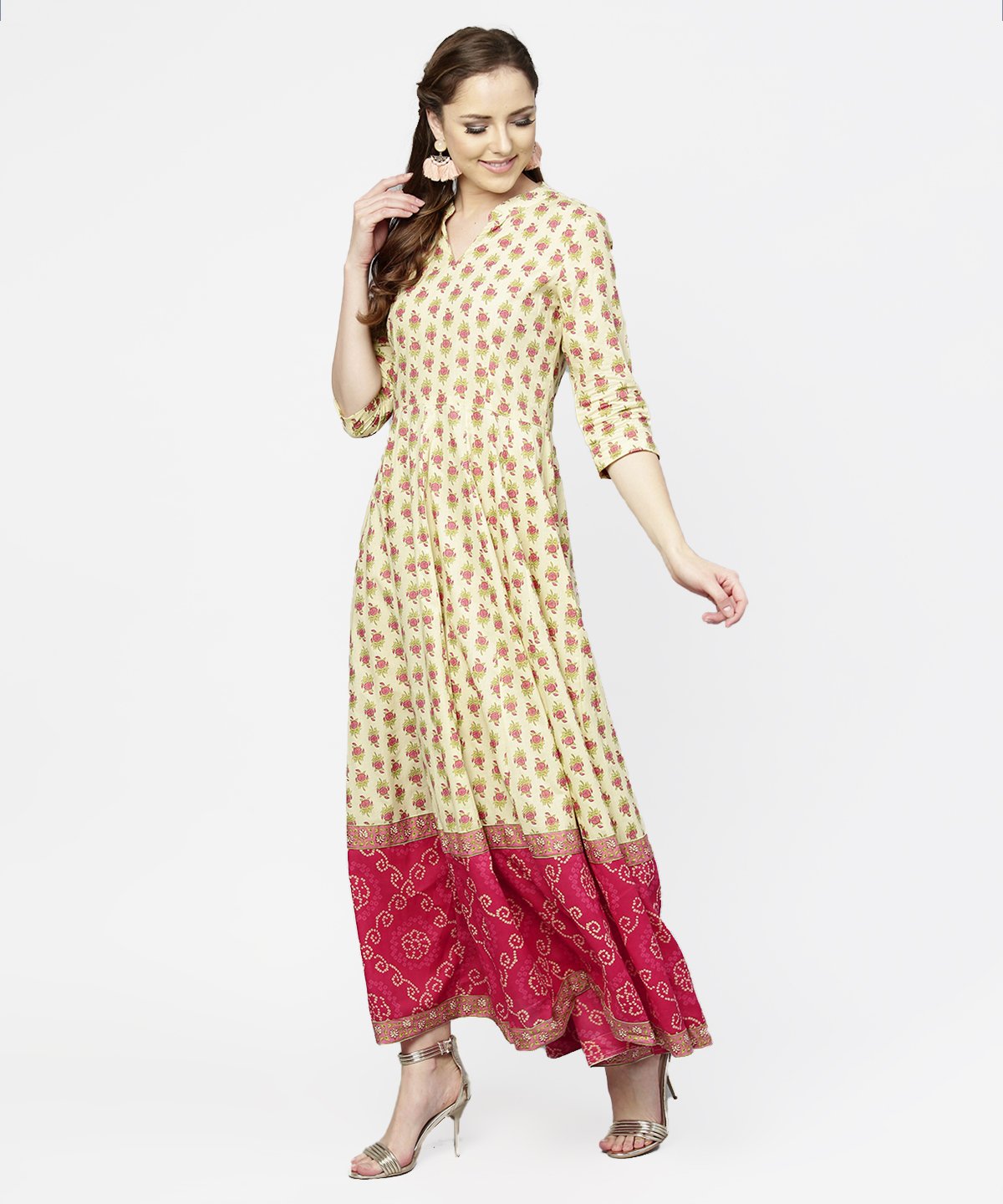 Women's Cream & Red  Printed 3/4Th Sleeve Cotton Maxi Dress With Red Printed Border - Nayo Clothing