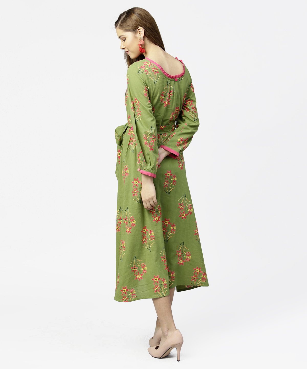 Women's Green Printed 3/4Th Sleeve Cotton Maxi Dress With Belt - Nayo Clothing