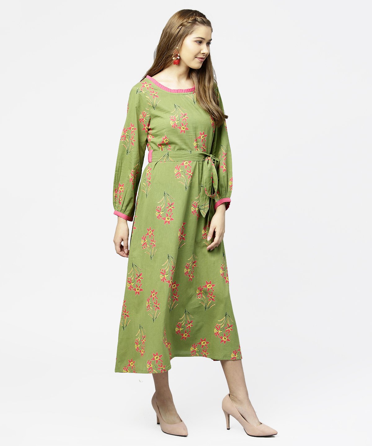 Women's Green Printed 3/4Th Sleeve Cotton Maxi Dress With Belt - Nayo Clothing