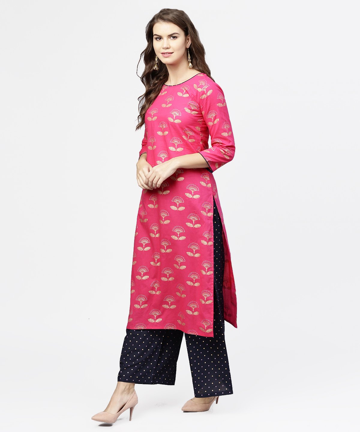 Women's Pink 3/4Th Sleeve Cotton Printed Kurta With Black Printed Ankle Length Pallazo - Nayo Clothing