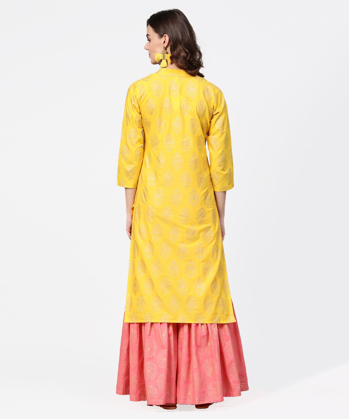 Women's Yellow Golden Printed 3/4Th Sleeve Kurta With Pink Ankle Length Sharara - Nayo Clothing