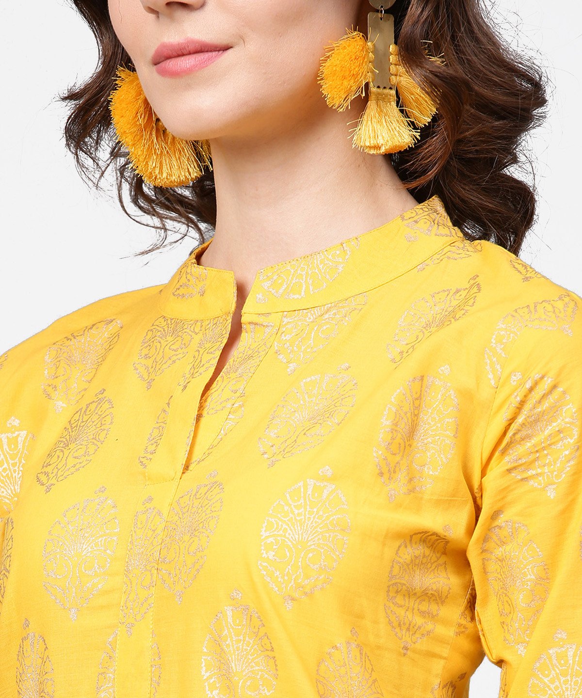 Women's Yellow Golden Printed 3/4Th Sleeve Kurta With Pink Ankle Length Sharara - Nayo Clothing