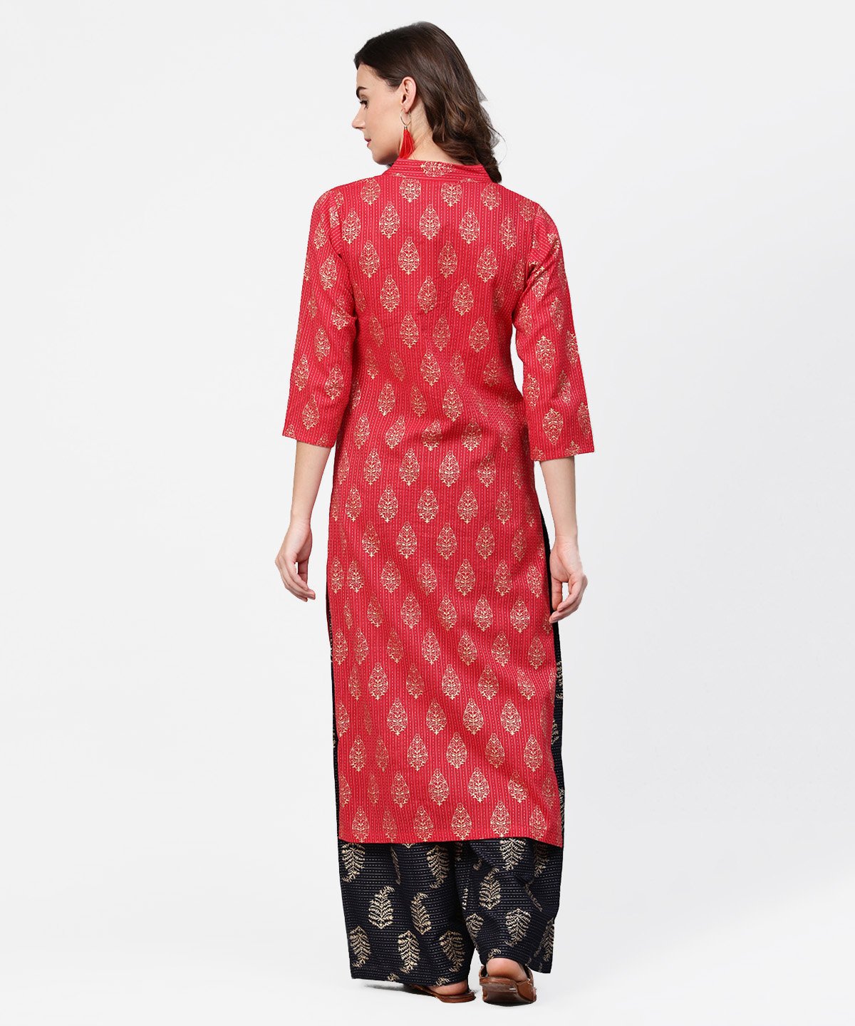 Women's Pink Printed 3/4Th Sleeve Cotton Kurta With Black Printed Pallazo - Nayo Clothing
